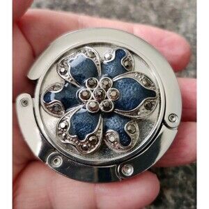 Flower Marcasite Purse Holder Handbag Hook Table Hanger Art Silver Collapsible